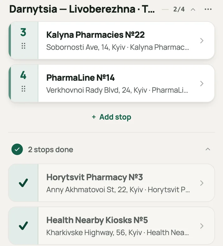 The rep's day in the app: the stops still to visit and the ones already done